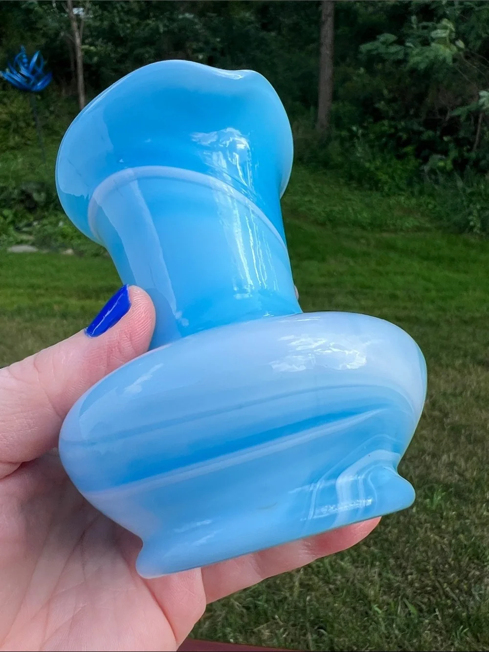 Vintage Rainbow Glass Blue Slag Glass Milk Pitcher Brush Cup Hand Blown in USA